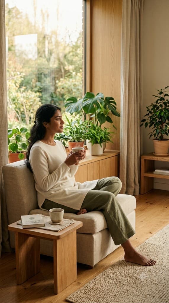 Woman relaxing with a warm drink in a sunlit wellness space overlooking a garden