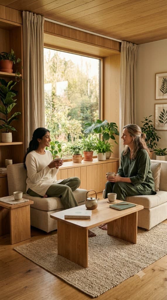 Two people sharing a warm conversation over tea in a calm, plant-filled room